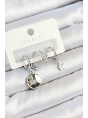 Moresun Buğz Pirinç Zirkon Taşlı Sallantılı Yıldız Model Gümüş Renk 3'lü Çift Kadın Küpe Set