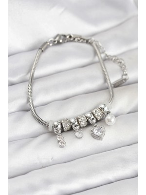 Moresun Buğz Pirinç Gümüş Renk Kalp Charmlı Kadın Bileklik