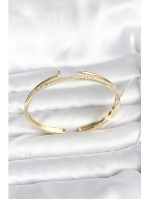 Moresun Buğz Pirinç Gold Renk Zirkon Taşlı Çivi Model Kadın Kelepçe Bileklik