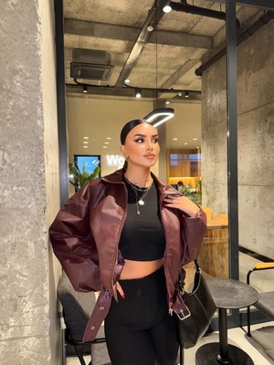 Orions Collection Bordo Kemer Detay Oversize Deri Ceket