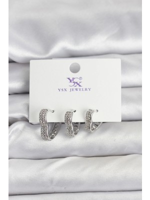 Moresun Buğz Gümüş Renk Pirinç Zirkon Taşlı Kalpli Kadın Küpe