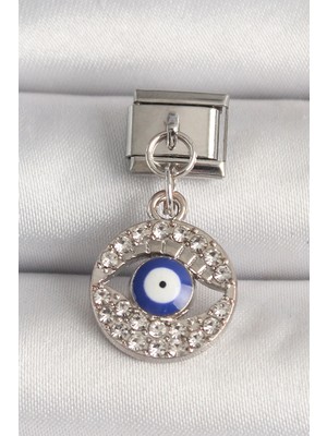 Moresun Buğz 316L Çelik Gümüş Renk Zirkon Taşlı Göz Model Nazar Boncuk Detay Nomination Charm