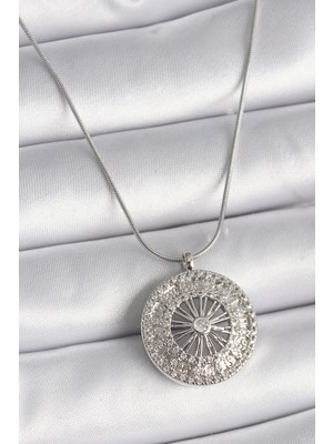 Moresun Buğz 316L Çelik Gümüş Renk Zirkon Taşlı 12 Burç Madalyon Model Kadın Kolye