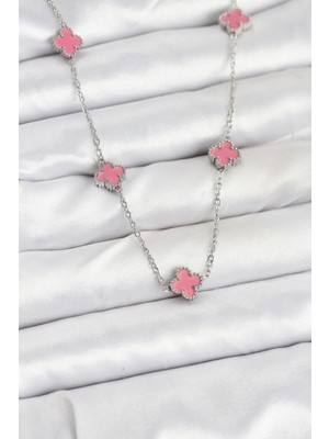 Moresun Buğz 316L Çelik Zincir Gümüş Renk Pembe Baby Boy Yonca Kadın Kolye