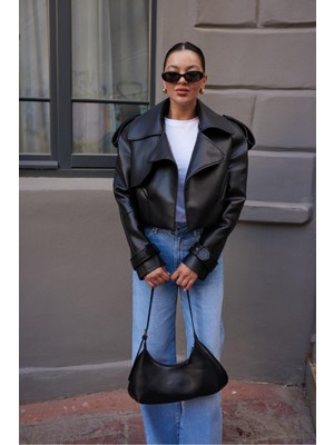 Orions Collection Siyah Parça Detaylı Tasarım Kısa Deri Trençkot