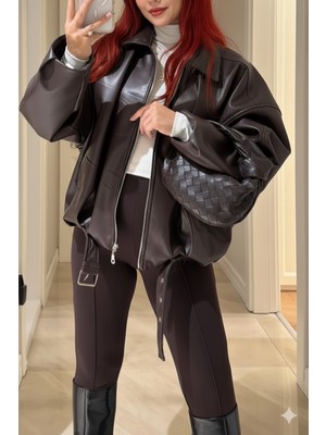 Orions Collection Luvren Siyah Trend Oversize Bomber Kemerli Deri Ceket