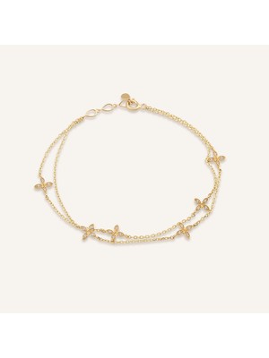 Aja Solenne Çiçek Figürlü Çok Taşlı Çift Zincir Altın Bileklik