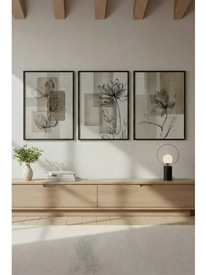 Huhuli Ahşap Siyah Çerçeveli 3'lü Wabi Sabi Koleksiyon Tablo Seti 50 x 70 cm Kaliteli Malzeme