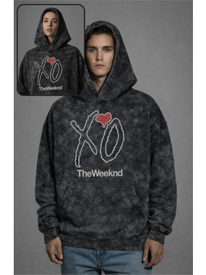 Fuddy Moda Unisex Xo The Weeknd Baskılı Kapüşonlu Yıkamalı Sweatshirt, Oversize Rapper Baskılı Vintage Hoodie