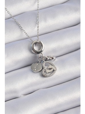 Moresun Buğz 316L Çelik Gümüş Renk Zirkon Taş Detay Kalp Model Charm Kadın Kolye