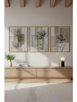 Huhuli  HUHU714 Ahşap Çerçeveli 3'lü Wabi Sabi Koleksiyon Tablo Seti 30 x 40 cm Ahşap Malzeme ile Modern Tasarım