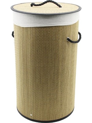 Go İthalat Yuvarlak Hasır - Ahşap Kirli Çamaşır Sepeti 37X60CM Seyyar Kapaklı Içi Bezli Ip Kulplu (5473)