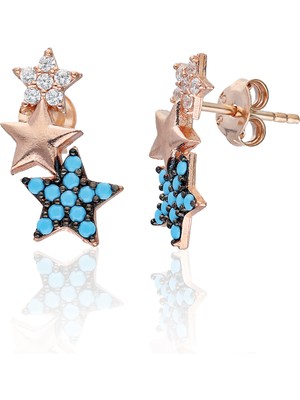 By Barun Gümüş Yıldız Küpe Kadın Firuze Mavi Taşlı 925 Ayar