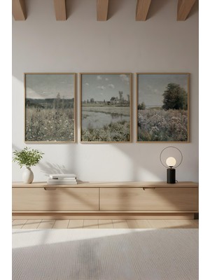 Huhuli Doğal Ahşap Çerçeveli Doğa Manzaralı 3'lü Tablo Seti HUHU655