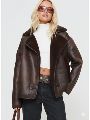 Orions Collection Yeni Sezon Oversize Kadın Kahve Düğmeli Süet Ceket Cepli, Trend Günlük Model