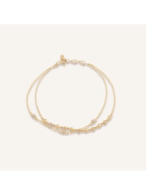 Aja Valina Top Motifli Çok Taşlı Çift Zincir Altın Bileklik