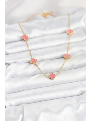 Moresun Buğz 316L Çelik Zincir Gold Renk Pembe Baby Boy Yonca Kadın Kolye