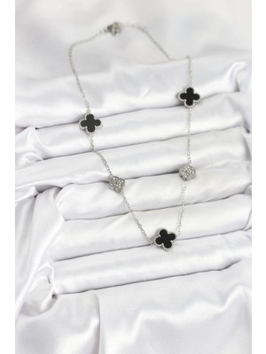 Moresun Buğz 316L Çelik Zincir Gümüş Renk Siyah ve Zirkon Taşlı Yonca Kadın Kolye