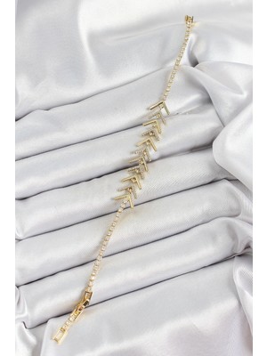 Moresun Buğz Pirinç Gold Renk Zirkon Taşlı Balık Sırtı Kadın Bileklik