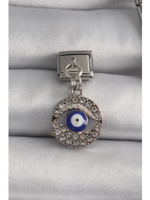 Alvo Store Buğz 316L Çelik Gümüş Renk Sallantı Zirkon Taşlı Göz Model Nazar Boncuk Detay Nomination Charm