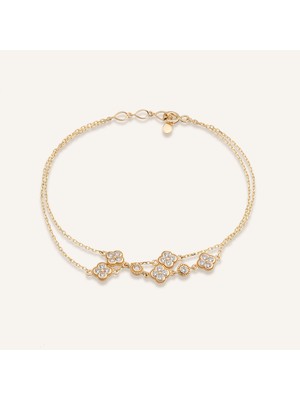 Aja Fluxora Çiçek Motifli Çok Taşlı Çift Zincir Altın Bileklik
