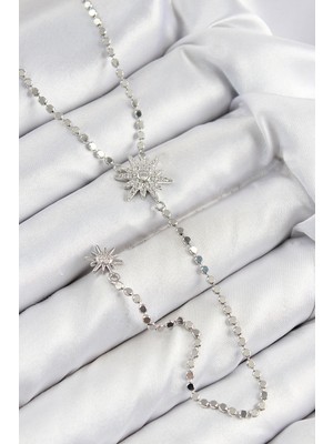 Alvo Store Buğz Pirinç Zirkon Taşlı Ezme Zincirli Kutup Yıldızı Model Gümüş Renk Y Kolye