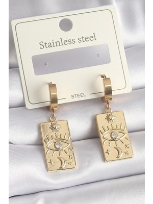 Alvo Store Buğz 316L Çelik Gold Renk Zirkon Taşlı Göz Işleme Detay Plaka Model Kadın Küpe