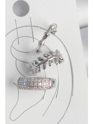 Alvo Store Buğz Pirinç Gümüş Renk Zirkon Taşlı 3'lü Model Yaprak Figür Kadın Kıkırdak Küpe