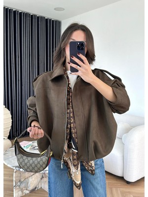 Orions Collection Yeni Sezon Kadın Haki Süet Etkili Bomber Ceket Oversize, Günlük & Trend Model