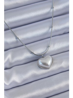 Alvo Store Buğz 316L Çelik Gümüş Renk Incili Kalp Model Minimal Top Detay Kadın Kolye
