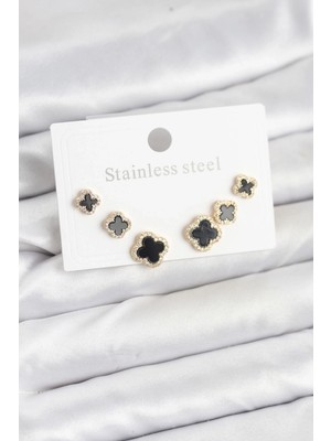 Alvo Store Buğz 316L Çelik Zirkon Taşlı Yonca Model Kadın Küpe Seti