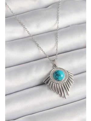 Alvo Store Buğz 316L Çelik Gümüş Renk Zincir Mavi Boncuklu Zirkon Taşlı Kadın Kolye