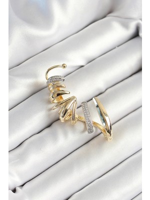 Alvo Store Buğz Pirinç Zirkon Taş Kaplamalı Sarmal Figürlü Gold Renk Kadın Sağ Kıkırdak Küpe