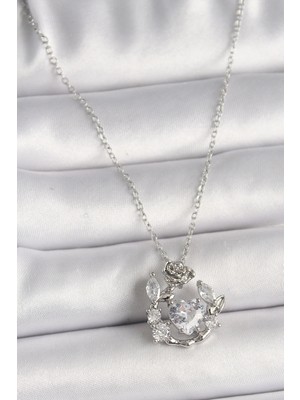 Alvo Store Buğz 316L Çelik Gümüş Renk Zincir Zirkon Taşlı Kalp Figür Gül Detay Kadın Kolye