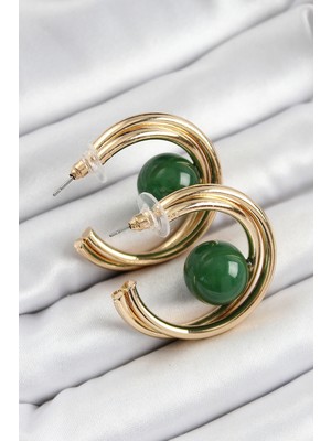 Alvo Store Buğz Pirinç Gold Renk Halka Model Yeşil Boncuk Detay Kadın Küpe