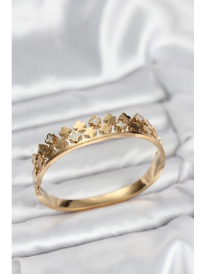 Alvo Store Buğz 316L Çelik Gold Renk Minimal Yoncalı Kadın Kelepçe Bileklik