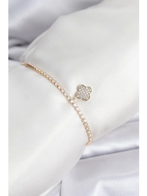 Alvo Store Buğz Yonca Model Zirkon Taşlı Gold Renk Asansörlü Su Yolu Bileklik