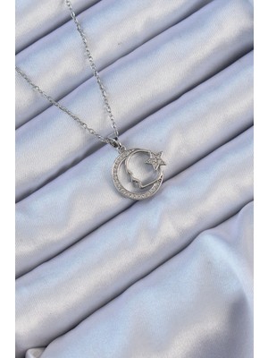 Alvo Store Buğz 316L Çelik Zincir Gümüş Renk Zirkon Taşlı Ay Yıldız Simgeli Atatürk Kolye