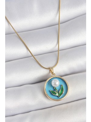 Alvo Store Buğz 316L Çelik Gold Renk Zincir Mavi Mineli Incili Çiçek Işlemeli Portre Model Kadın Kolye