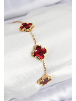 Alvo Store Buğz 316L Çelik Sedefli Kırmızı Gold Renk Yonca Kadın Bileklik
