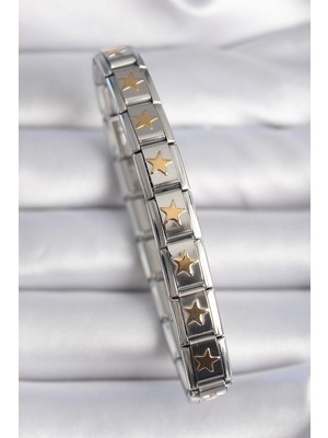 Alvo Store Buğz 316L Çelik Gümüş Renk Gold Yıldız Işleme Nomination Charm Bileklik