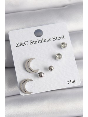 Alvo Store Buğz 316L Çelik Gümüş Renk Zirkon Taşlı Hilal Model Kadın Küpe Seti