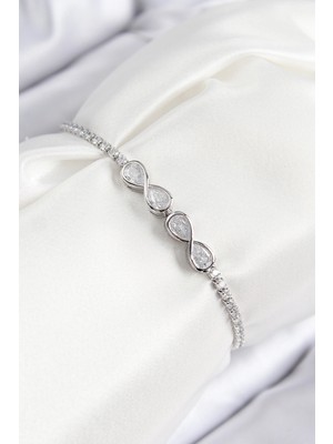 Alvo Store Buğz Pirinç Zirkon Taşlı Sonsuzluk Model Gümüş Renk Asansörlü Kadın Bileklik
