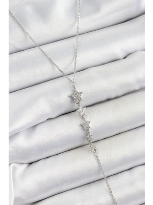 Alvo Store Buğz Pirinç Zirkon Taşlı Sıralı Yıldız Figürlü Y Model Gümüş Renk Kadın Kolye