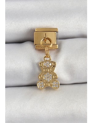 Alvo Store Buğz 316L Çelik Sallantılı Zirkon Taşlı Ayıcık Model Gold Renk Nomination Charm