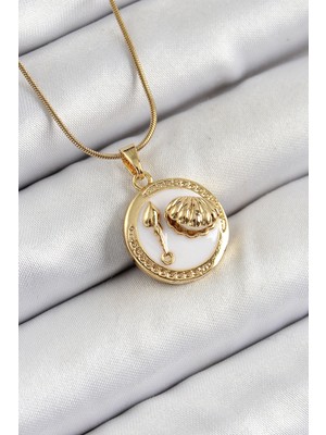 Alvo Store Buğz 316L Çelik Zincir Beyaz Mineli Sanatsal Portre Istiridye Model Gold Renk Kadın Kolye