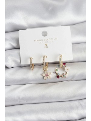 Alvo Store Buğz Çiçek Model Gold Renk Pirinç 3'lü Kadın Küpe Seti