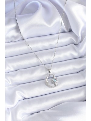 Alvo Store Buğz 316L Çelik Gümüş Renk Zirkon Taşlı Ay Yıldız Model Kadın Kolye