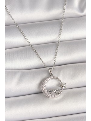 Alvo Store Buğz 316L Çelik Gümüş Renk Zincir Zirkon Taşlı Ay Yıldız Model Sonsuzluk Detay Kadın Kolye