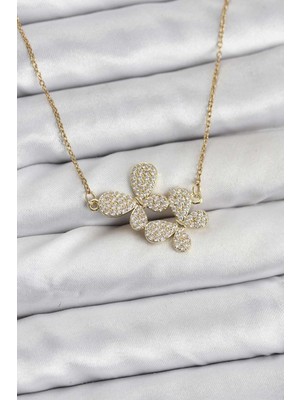 Alvo Store Buğz 316L Çelik Zincir Gold Renk Zirkon Taşlı Kelebek Model Kadın Kolye